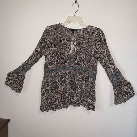 American Eagle Floral Paisley Peasant Blouse Top Medium Bell Sleeve Boho - Picture 1 of 8